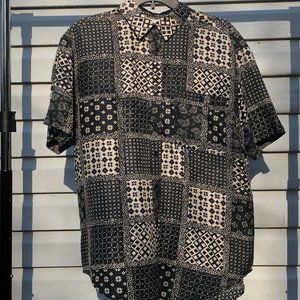 100% Silk Black & Cream Short Sleeve Button Down